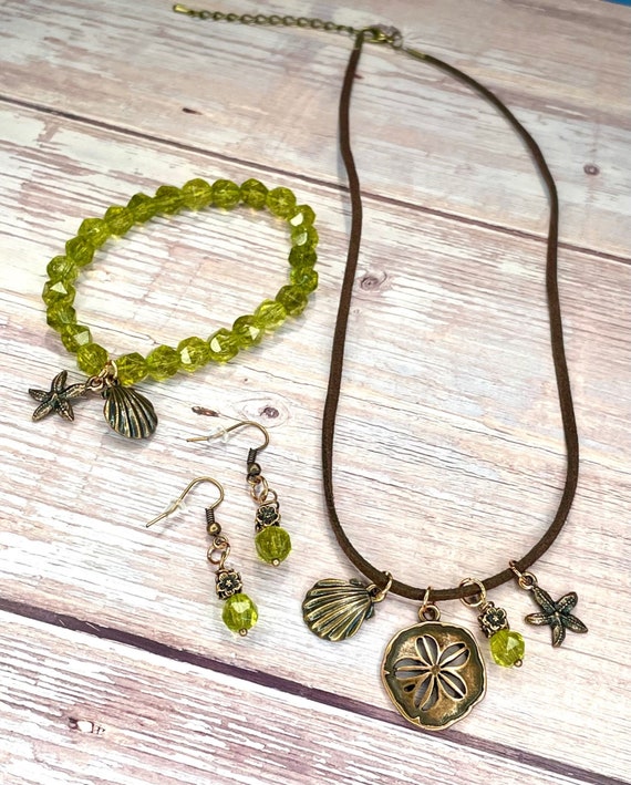 Gemstone Bracelet / Earrings / Pendant Necklace - Peridot Crystal Healing Jewelry, Beach Jewelry