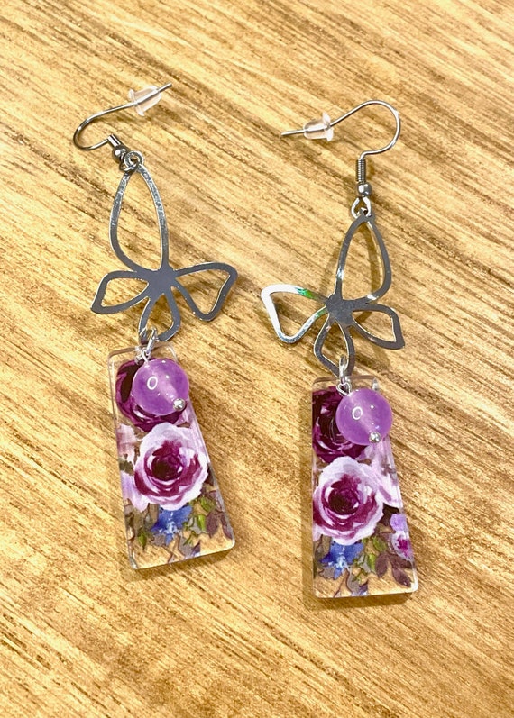 Gemstone Earrings - Jade Crystal Healing, Purple Floral Earrings, Butterfly