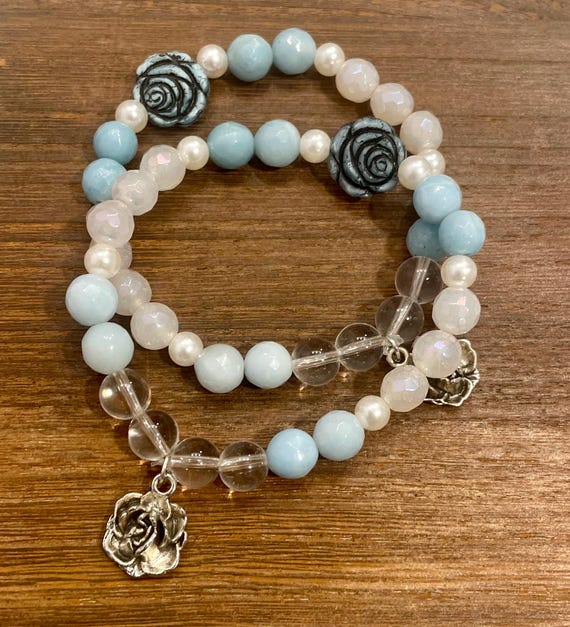 Gemstone Bracelet - Amazonite / Clear Quartz / Mystic AB Rainbow Agate Crystal Healing Bracelets, Heavenly Rose