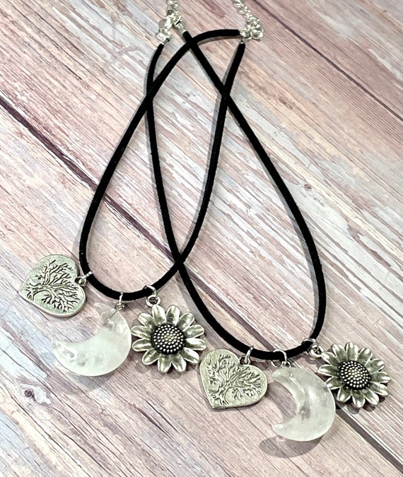Gemstone Pendant Choker Necklace - Quartz Crystal Healing Jewelry, Crescent Moon, Tree of Life, Sunflower
