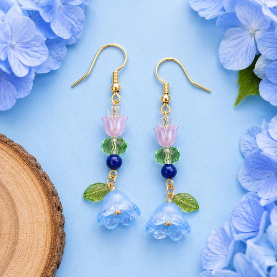 Hydrangea Bluebell Whisper Earrings | Apatite Crystal Earrings | Floral Cottagecore Jewelry | Gold Tone Surgical Stainless Steel Earwires