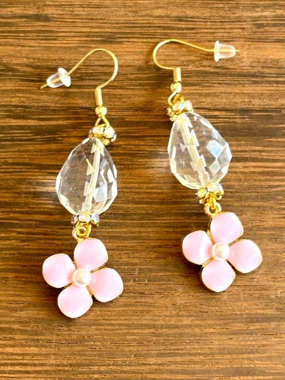 Gemstone Earrings - Clear Quartz Crystal Healing, Pretty In Pink Flower Blossoms
