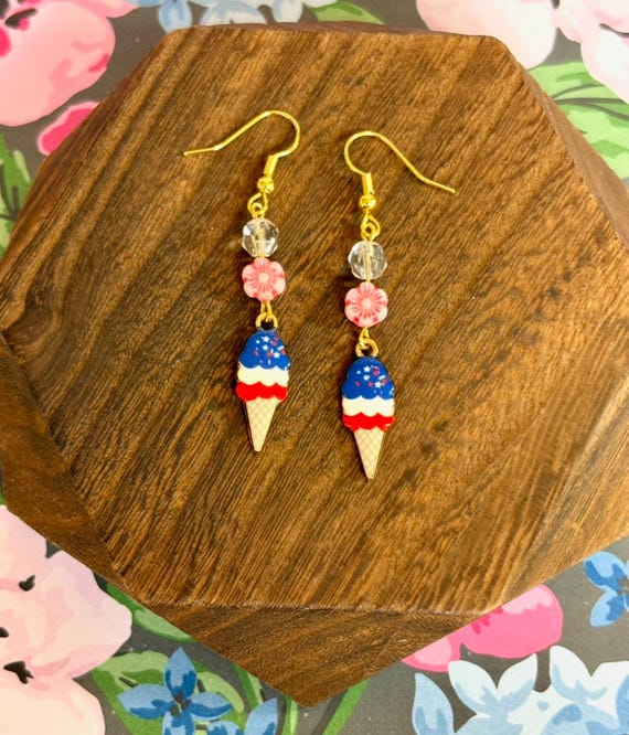 Sweet Liberty Cones - Patriotic Ice Cream Dangle Earrings with Clear Quartz and Surgical Steel Earwires