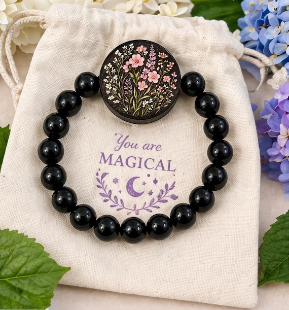 Wildflower Rising Enchanted Bracelet | Handmade Artisan Wood Bead | Onyx Gemstone Bracelet | Resilience Jewelry | Spiritual Gift | Stretch