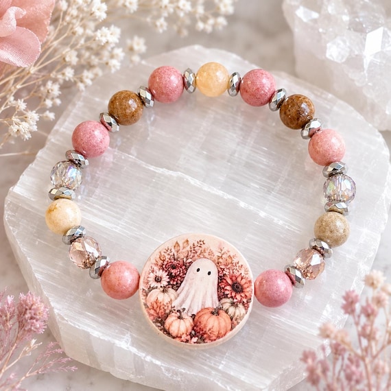 Ghost Autumn Bracelet • Rhodochrosite & Brown Moonstone Gemstone Bracelet • Fall Halloween Jewelry • Handmade Wood Bead Bracelet