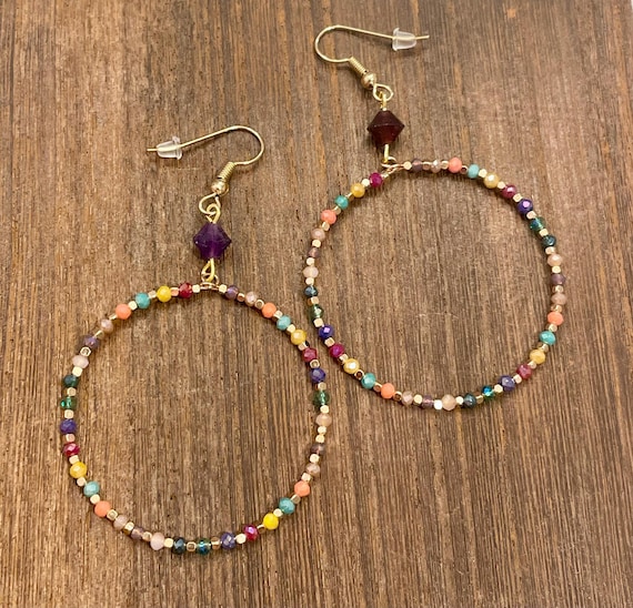 Gemstone Earrings - Amethyst  Crystal Healing, Bohemian Fiesta Hoops