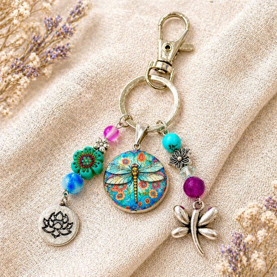 Dragonfly Lotus Charm – Blue Howlite, Sugilite, Jade Gemstone Keychain – Boho Floral Spiritual Gift