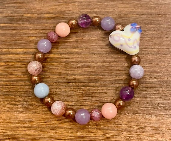 Gemstone Bracelet - Angelite / Hematite / Pink Opal / Strawberry Quartz / Tanzanian Lepidolite Crystal Healing, Flirt