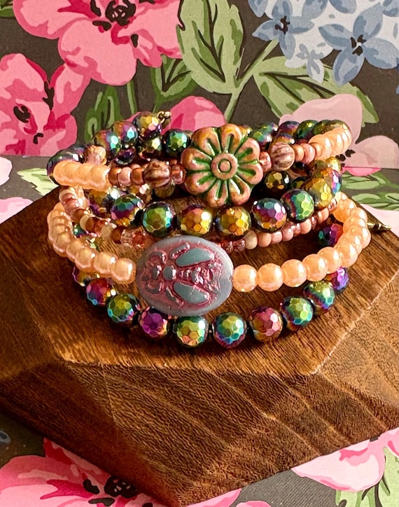 Honey Glow Garden Wrap - Summer Lovin' Bracelet with Rainbow Hematite, Czech Glass Daisy and Bee, Bronze Rose Charms