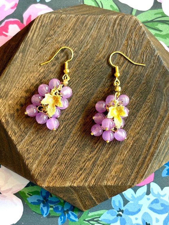 Vineyard Whispers Earrings – Orchid Grape Beads, Gold Leaf Charm, Gold Hematite Accents, Stainless Steel Hooks