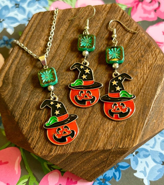 Pumpkin Witch Jewelry Set: Czech Glass, Hematite, Stainless Steel