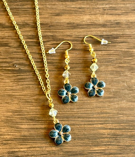 Gemstone Necklace / Earrings - Citrine / Gold Hematite Crystal Healing, Cherry Blossoms, Navy