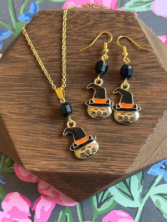 Witchy Whiskers Charm Set – Black Tourmaline Halloween Cat Earrings & Necklace | Gold Tone Stainless Steel | Enamel Witch Cat Jewelry | Fall