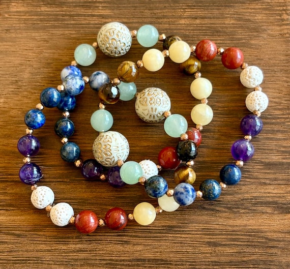 Essential Oil Diffuser / Gemstone Bracelet - Hematite/ Lava Stone / Seven Chakra Gemstones Crystal Healing, Chakra Healer