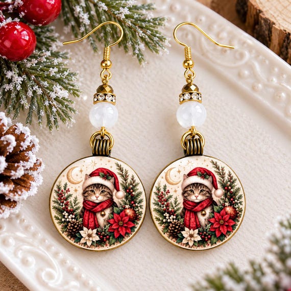 Christmas Cat Earrings, Santa Paws Gemstone Earrings, Gold Hematite Holiday Jewelry, Handmade Wood Kitty Dangles, Cat Lover Gift