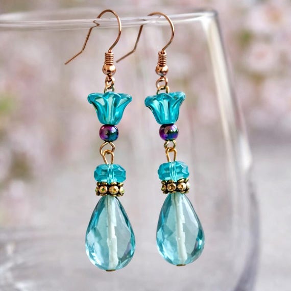 Ocean Bloom Aquamarine Teardrop Earrings | Rose Gold Floral Crystal Earrings | Rainbow Hematite | Handmade Boho Jewelry