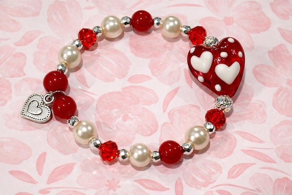Crimson Heart Harmony Bracelet – Ruby Red Jade, Silver Hematite, Pearls, Lampwork Heart, Valentine Jewelry