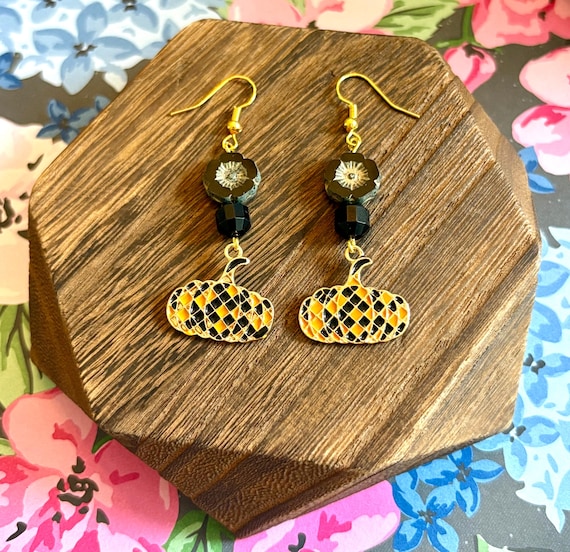 Plaid Pumpkin Earrings: Black Tourmaline, Czech Glass, Gold Stainless Steel