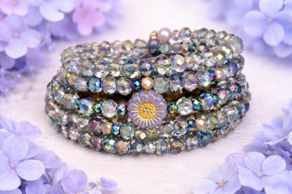 Enchanted Sunlit Petal Wrap Bracelet – Czech Glass Sunflower, Rainbow Hematite, Crystal, Boho Garden Jewelry