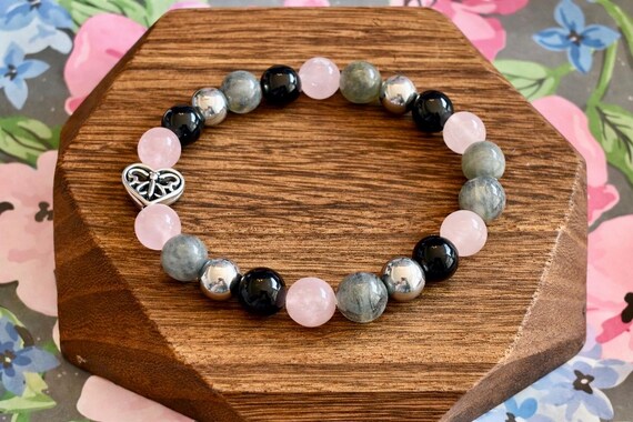 Rose Quartz, Labradorite, Hematite, Obsidian Bracelet | Butterfly Heart Charm | Love Protection Healing Jewelry