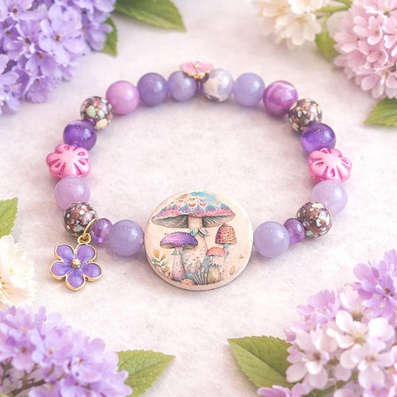 Woodland Mushroom Bracelet – Lepidolite, Amethyst, Jade, Jasper Gemstones, Enamel Flowers