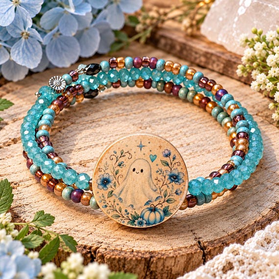 Garden Ghoul Bluebell Bloom Mini Wrap Bracelet, Hematite Gemstone Bracelet, Cute Ghost Jewelry, Floral Halloween Bracelet, 3 Coil Wrap
