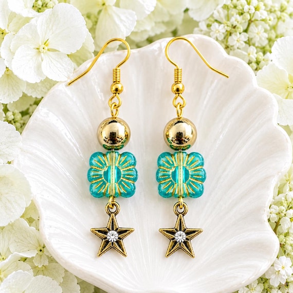 Celestial Starflower Enchantment Earrings - Gold Hematite & Star Earrings, Celestial Jewelry, Hypoallergenic Surgical Stainless Steel