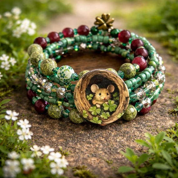 Secret Garden Gemstone Wrap Bracelet – Serpentine, Shamrock Charms