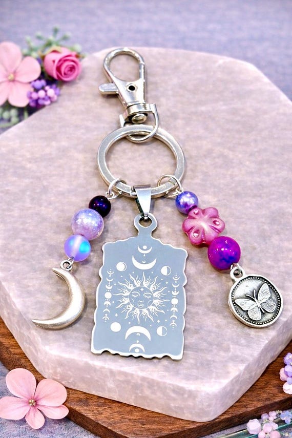 Celestial Moon Phase Butterfly Keychain – Sun, Moon, Sugilite, Aura Quartz