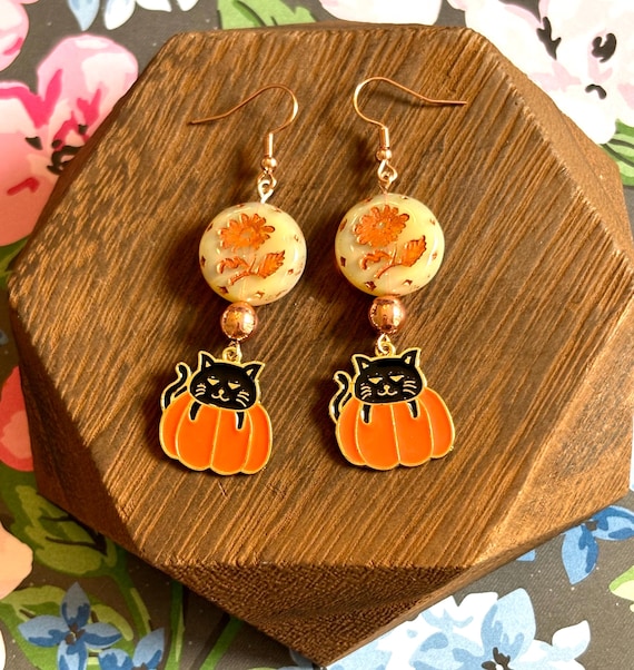 Enamel Black Cat Pumpkin Earrings: Rose Gold Hematite & Czech Glass