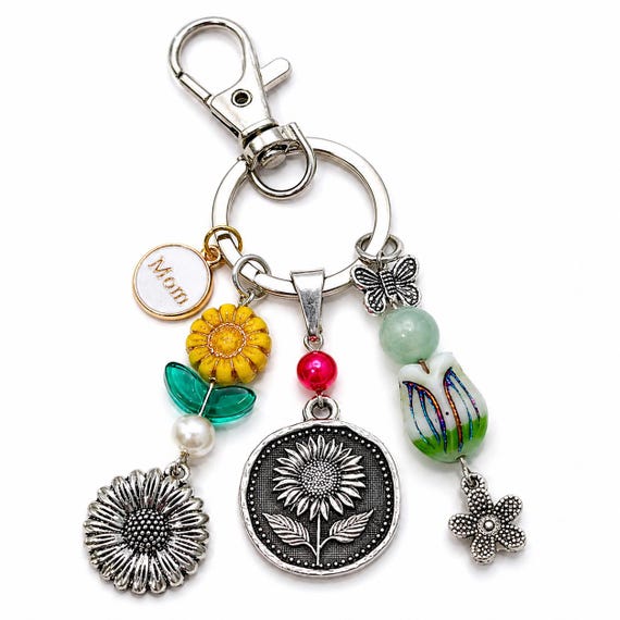 Mother’s Day Sunflower Keychain Purse Charm – Mom Gift – Floral Gemstone Charm – Czech Glass Tulip & Pearls – Butterfly Garden Bag Charm