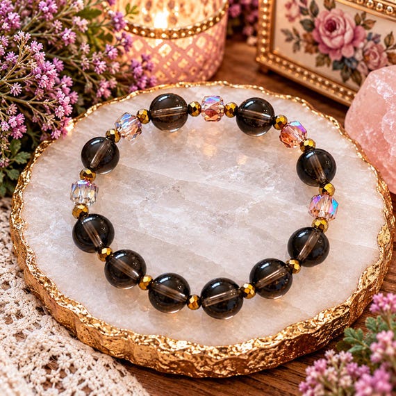 Peach Moonlight & Golden Wishes Bracelet | Smoky Quartz Gold Hematite | Peach Iridescent Czech Glass | Reiki Gemstone Jewelry Gift