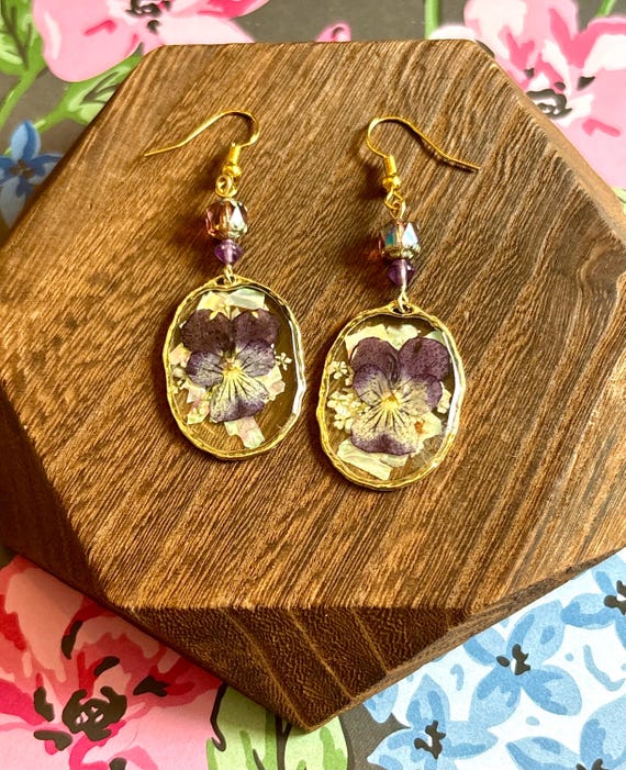 Violet Reverie Earrings – Amethyst & Czech Glass with Dried Flower Resin Pendants – Gold Hypoallergenic Hooks – 2.5” Handmade Botanical