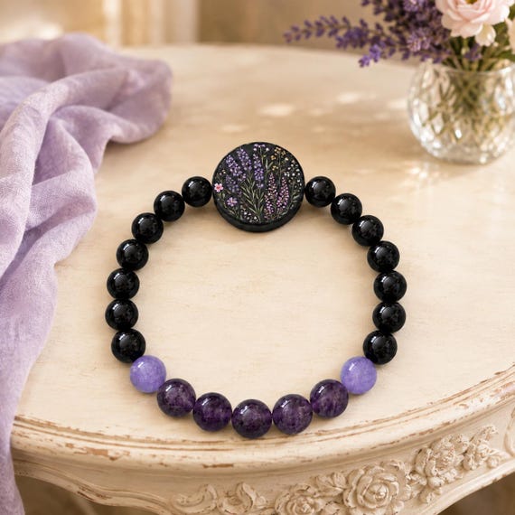Moonlit Wildflower Garden Bracelet, Black Onyx Jade Amethyst, Artisan Wood Bead, Purple Floral Stretch Jewelry