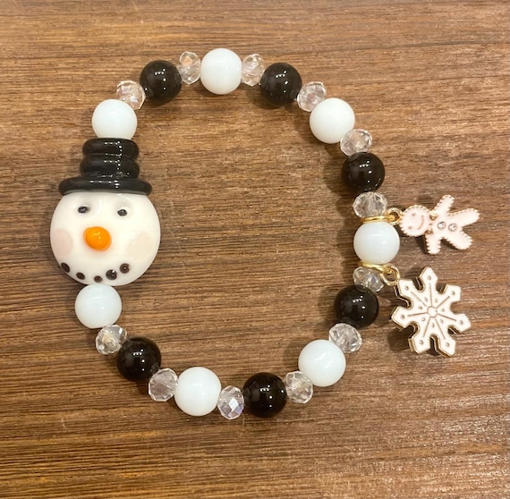 Gemstone Bracelet - Black Onyx / White Jade Crystal Healing, Snowman Winter Holiday Magic