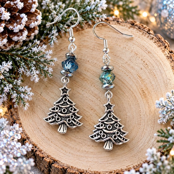 Winter Starlight & Silver Wishes Earrings | Christmas Tree Dangle Earrings | Blue Crystal Silver Hematite | Handmade Holiday Jewelry Gift