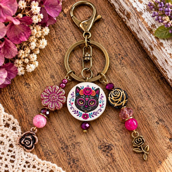 Sugar Rose Whiskers Purse Charm, Sugilite Cherry Jade Gemstone Keychain, Sugar Skull Cat Bag Charm, Floral Kitty Gift, Rose Charm