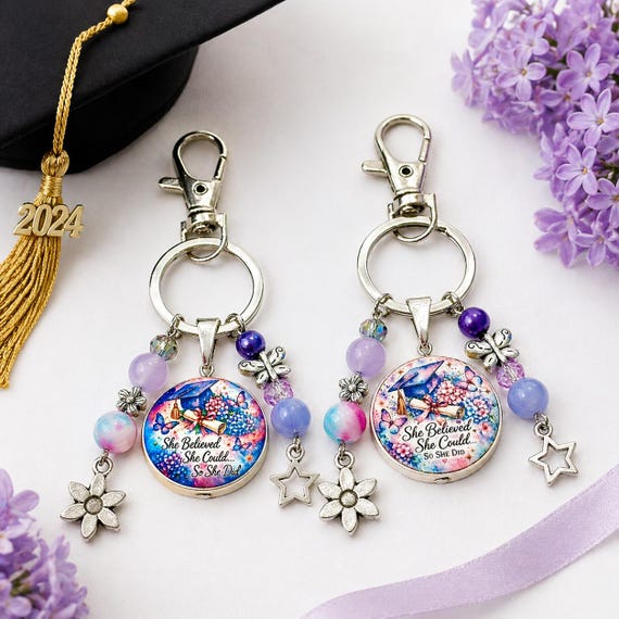 Graduation Keychain Charm – She Believed She Could So She Did – Lavender & Blue Gemstone Purse Charm – Inspirational Graduate Gift – Double