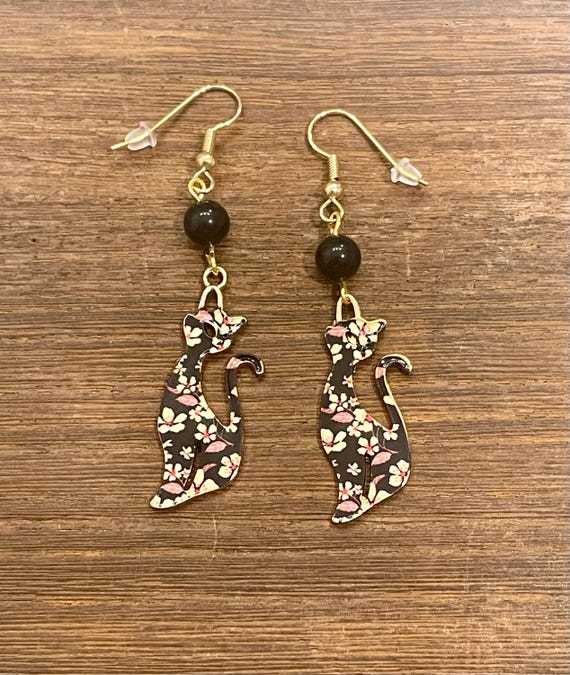 Gemstone Earrings - Black Obsidian Crystal Healing, Boho Cats