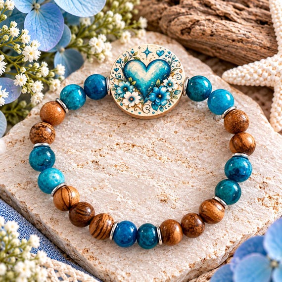 Woodland Heart Whispers Bracelet | Apatite Gemstone Bracelet | Artisan Wood Bead | Blue Floral Heart Jewelry | Reiki Infused Gift