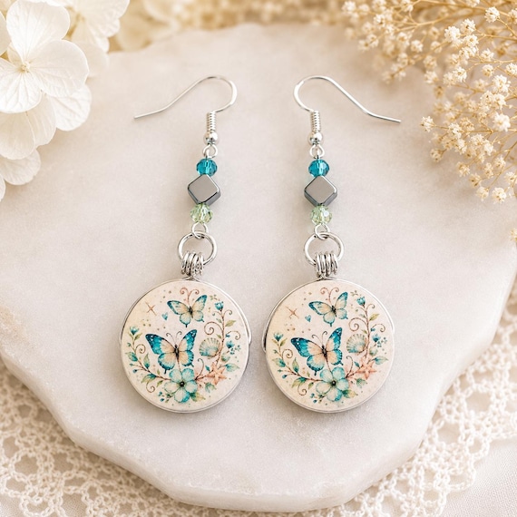 Aqua Butterfly Haven Gemstone Earrings | Handmade Butterfly Earrings | Silver Hematite, Faceted Crystal, Artisan Wood Jewelry