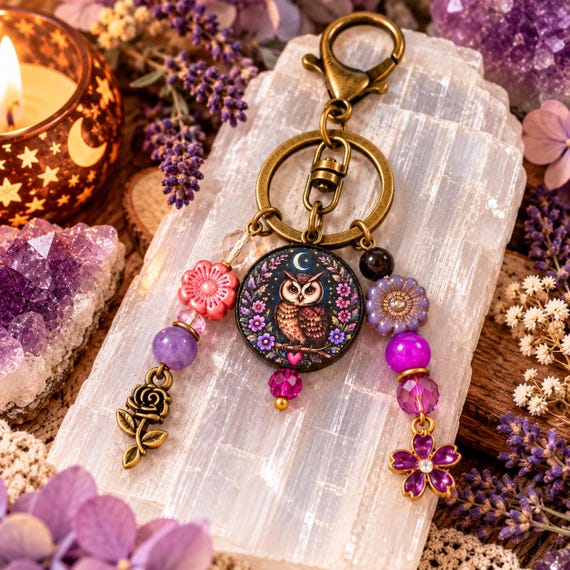 Moonlit Owl Garden Enchantment Purse Charm Keychain | Sugilite Black Onyx Purple Jade | Owl Jewelry Gift | Purple Floral Bag Charm