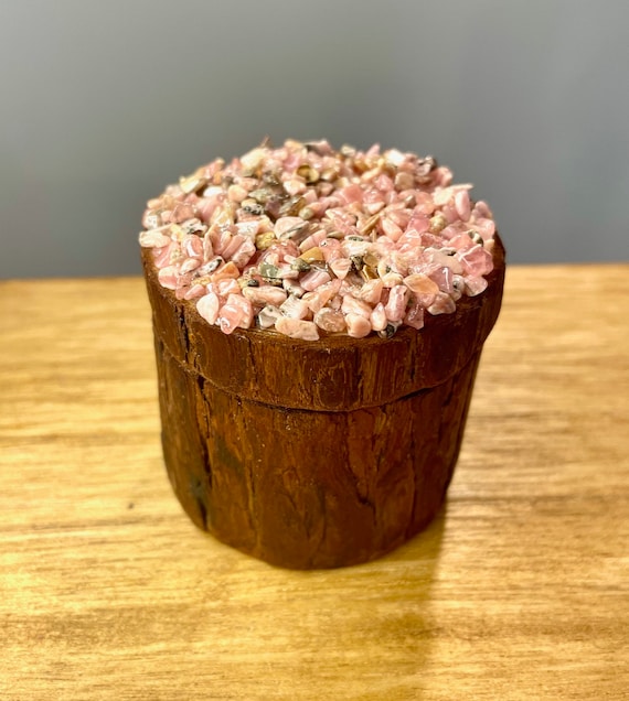 Rhodocrosite Crystal and Natural Wood Gem Box, Ring Box