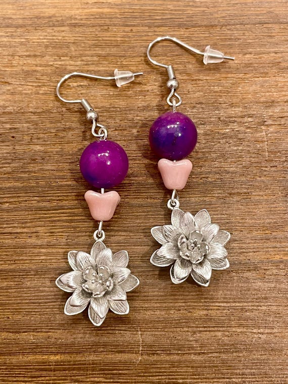 Gemstone Earrings - Sugilite Quartz Crystal Healing, Lotus Blossom