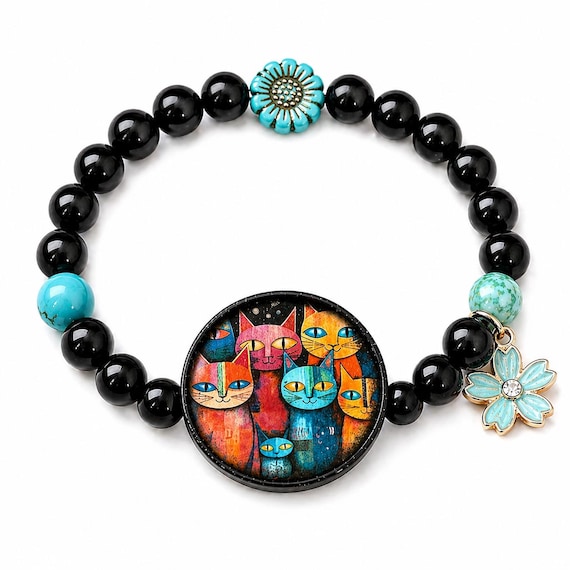 Seaside Cats Bracelet, Black Onyx, Tourmaline, Turquoise Gemstone Jewelry