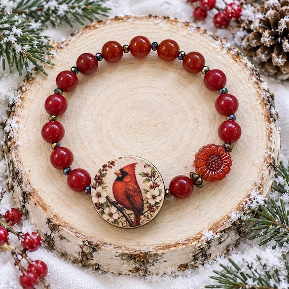 Cardinal’s Winter Blessing Bracelet, Red Jade Gemstone Bracelet, Cardinal Jewelry, Winter Bird Gift, Reiki Infused Christmas Bracelet