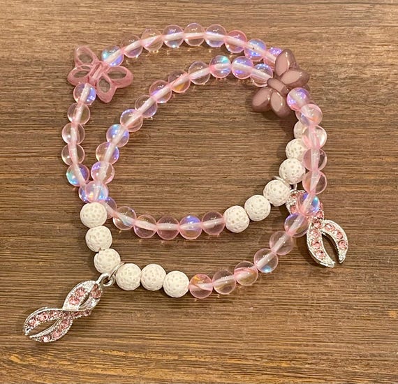 Essential Oil Diffuser / Gemstone Bracelet - Pink Moonstone / Lava Stone Crystal Healing Bracelets, Breast Cancer Awareness Jewelry