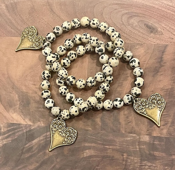 Gemstone Bracelet / Earrings - Dalmatian Jasper, Crystal Healing Bracelets, Heart Flower