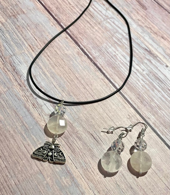 Gemstone Necklace / Earrings - Rose Quartz Crystal Healing, Luna Moth Jewelry