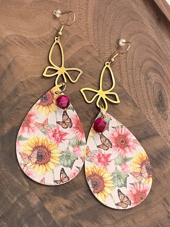 Gemstone Earrings - Tigers Eye Crystal Healing, Butterfly, Sunflowers